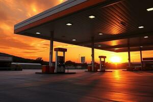 gasolina y gas estación a puesta de sol. ai generado foto
