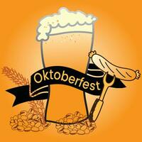 Oktoberfest German traditional beer festival banner. Octoberfest festival symbols. Full glass of beer with foam, pretzel loaf and wheat ears for October fest holiday. Oktoberfest background. vector