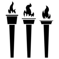 Set of different black torch icons with fire vector