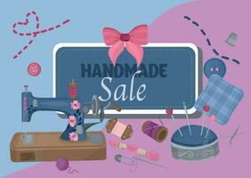 Handmade shop sale banner. Sewing items. Vector Illustration for Sewing and Tailoring Concepts.