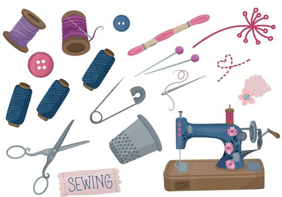Set of handmade supplies. Sewing machine, pins, threads.