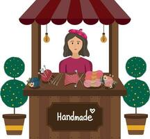 Handmade shop. The cute woman - seller standing behind outside shop. Handmade Festival vector