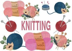 Knitting tools with flowers. Elements for banners and logotype designs vector
