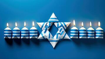 Hanukkah festive celebration concept, glow of the menorah with shining candles and star, Generative AI illustration photo