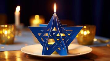 Hanukkah festive celebration concept, glow of the menorah with shining candles and star, Generative AI illustration photo