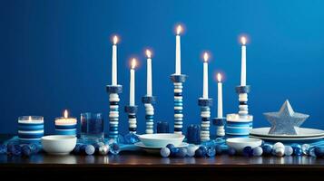 Hanukkah festive celebration concept, glow of the menorah with shining candles and star, Generative AI illustration photo