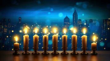 Janucá festivo celebracion concepto, resplandor de el Menorah con brillante velas y estrella, generativo ai ilustración foto