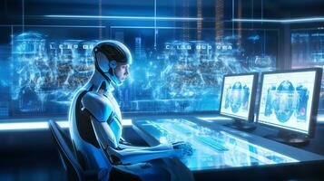 A Futuristic AI Robot Conducts Research in a High Tech Lab Surrounded by Holographic Displays photo