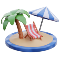 Coco arboles con playa arena 3d icono. tropical isla 3d icono ilustración. verano antecedentes con sombrilla playa paraguas y playa sillas 3d representación ilustración. png