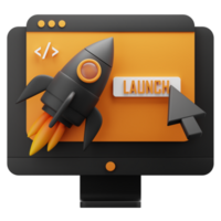 web launching 3d icon. monitor with rocket 3d icon render. project launch 3d icon illustration. png