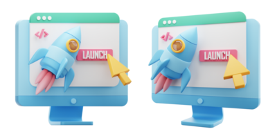 web launching 3d icon. monitor with rocket 3d icon render. project launch 3d icon illustration. png