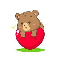 Cute brown bear holding love heart. Kawaii adorable animal and valentines day concept design. Isolated white background. Vector art illustration.