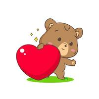 Cute brown bear holding love heart. Kawaii adorable animal and valentines day concept design. Isolated white background. Vector art illustration.