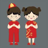 linda chino para niños dibujos animados. vestido en rojo, chino ropa vector