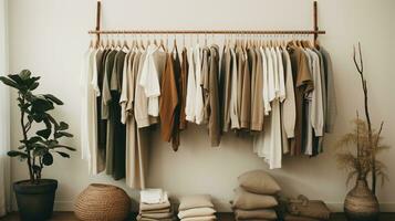 Generative AI, Cloth store aesthetic background, photo of clothes hanging on hangers, muted neutral colors