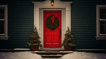 Generative AI, Front door with Christmas decoration, wreath and garland. Red and grey colors photo