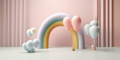 generativo ai, arco iris y vistoso globos cumpleaños fiesta 3d antecedentes. Bosquejo, modelo para saludo tarjeta foto