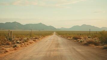 generativo ai, solitario la carretera en el desierto, estético, apagado neutral colores, cactus plantas foto