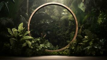 Generative AI, Empty circle wooden frame and tropical leaves on jungle background. For product display. photo