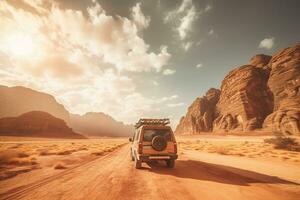 Generative AI, Off road car driving on a winding mountain desert road, surrounded by breathtaking views of the rugged terrain photo