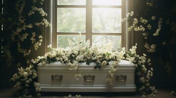 generativo ai, flores en un ataúd en el funeral o entierro servicios a cementerio, ataúd con flores foto