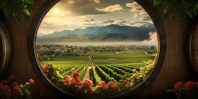 Generative AI, beautiful vineyard with wooden barrels, green landscape. Rows of vines on sunset photo