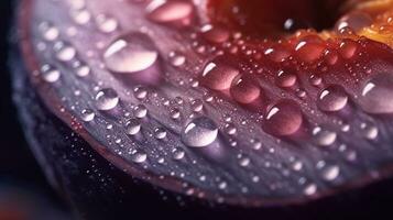 Generative AI, bright slice of juicy ripe plum and water drops, macro of summer fruit photo
