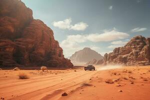 Generative AI, Off road car driving on a winding mountain desert road, surrounded by breathtaking views of the rugged terrain photo