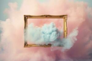 Generative AI, pastel light smoke around empty vintage beautiful frame. photo