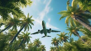 Generative AI, plane fliing over a tropical island with palm trees. Travel, vacation concept. Beautiful sky background photo