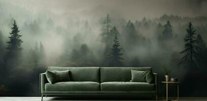 Generative AI, Interior design with couch, sofa and wallpaper of fir forest beautiful landscape in hipster vintage retro style, foggy mountains and trees. photo