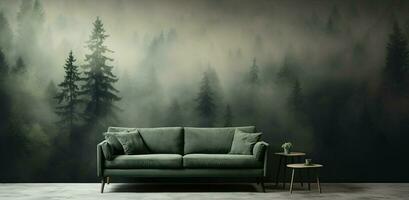 Generative AI, Interior design with couch, sofa and wallpaper of fir forest beautiful landscape in hipster vintage retro style, foggy mountains and trees. photo