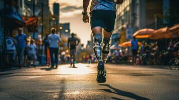 Generative AI, person with disability, prosthetic limb running and does not feel obstacles, photo