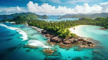 Generative AI, Beautiful beach of Seychelles, ocean or sea landscape, vacation on paradise. Tropical islands photo