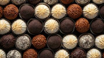 Generative AI, Chocolate candy balls, close up traditional Brazilian brigadeiro photo