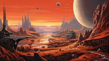 Generative AI, Surreal view from the orange planet landscape, sci-fi illustration, red martian terrain. photo