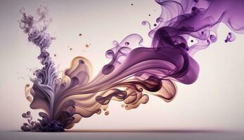 Generative AI, Flowing lavender violet liquid and smoke with splashes. Bright fluid banner, 3D effect, modern macro realistic abstract background illustration, ink in water effect. photo