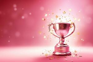 Generative AI, Winner trophy with flames, pink golden champion cup with falling confetti on pink background photo