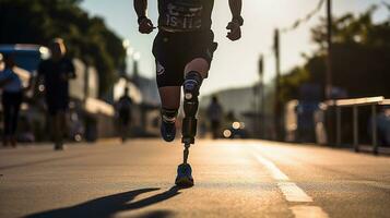 Generative AI, person with disability, prosthetic limb running and does not feel obstacles, photo