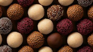 Generative AI, Chocolate candy balls, close up traditional Brazilian brigadeiro photo