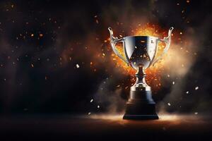 Generative AI, Winner trophy with flames, golden champion cup with falling confetti on dark background photo