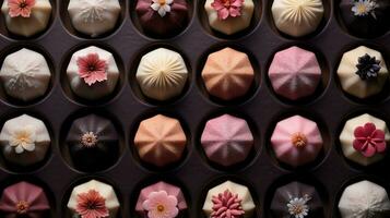 generativo ai, japonés tradicional confitería pastel wagashi, varios tipos de dulces foto