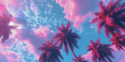 generativo ai, retro California Coco palmas Hawai palma arboles a puesta de sol. verano antecedentes foto