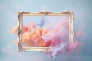 Generative AI, pastel light smoke around empty vintage beautiful frame. photo