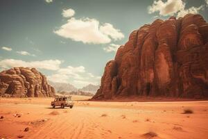 generativo ai, apagado la carretera coche conducción en un devanado montaña Desierto camino, rodeado por asombroso puntos de vista de el escabroso terreno foto