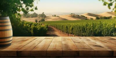 Generative AI, beautiful vineyard with wooden barrels, green landscape. Rows of vines on sunset photo