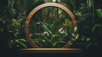 Generative AI, Empty circle wooden frame and tropical leaves on jungle background. For product display. photo