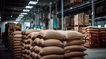 Generative AI, Stack hemp sacks of rice or coffee, industrial storage photo