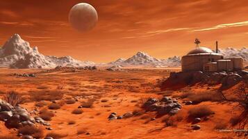Generative AI, Surreal view from the orange planet landscape, sci-fi illustration, red martian terrain. photo