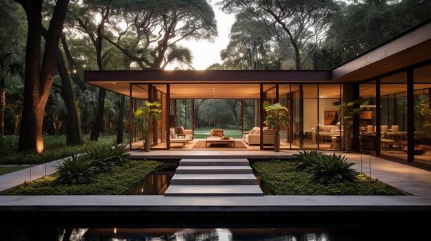 Generative AI, View of swimming pool in front of a modern luxury house illuminated in the evening photo